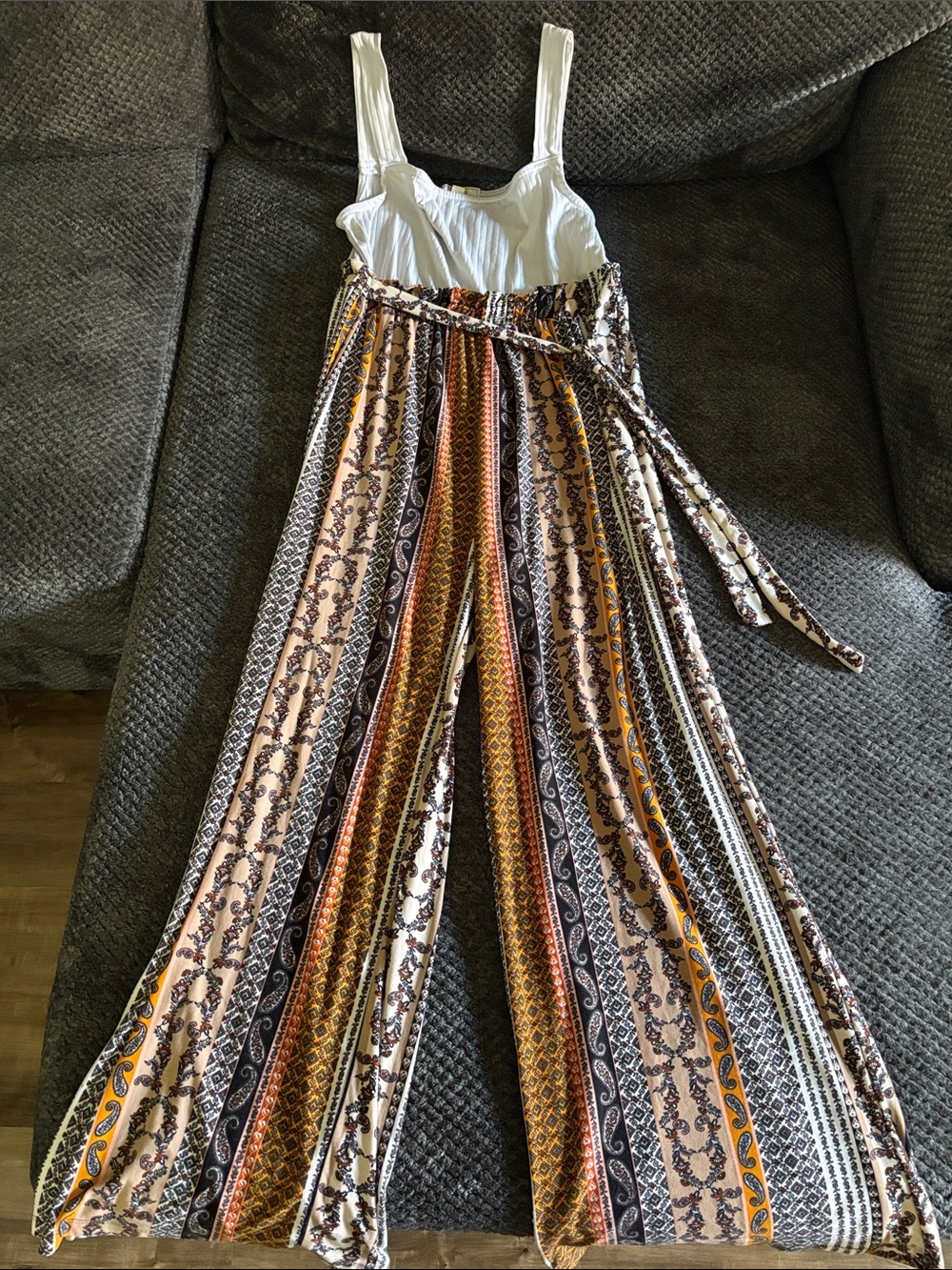 Striped Multi-Print Wide Leg Jumpsuit - White & Multi